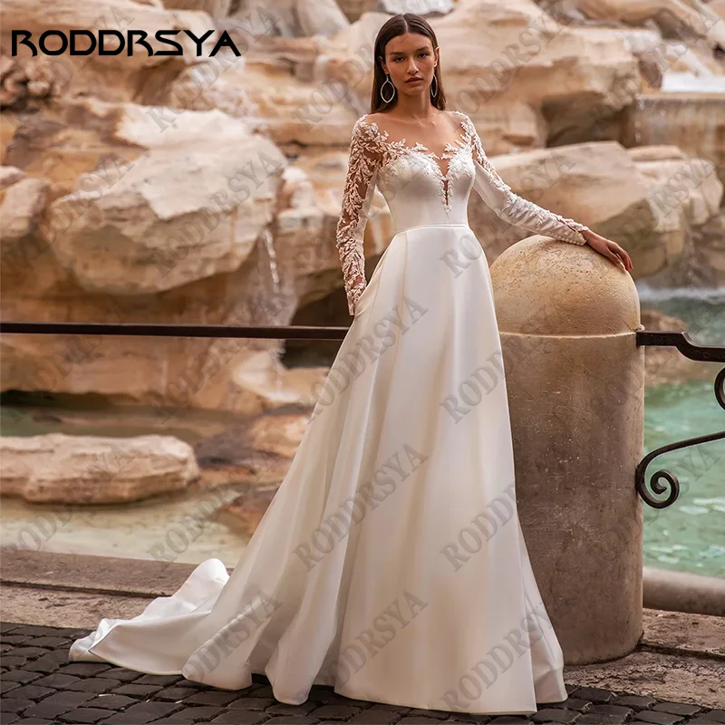 

RODDRSYA Long Sleeveless Satin Bridal Gown Lace Appliques A-Line Wedding Dress O-Neck Illusion Back Vestido De Noiva Custom Made