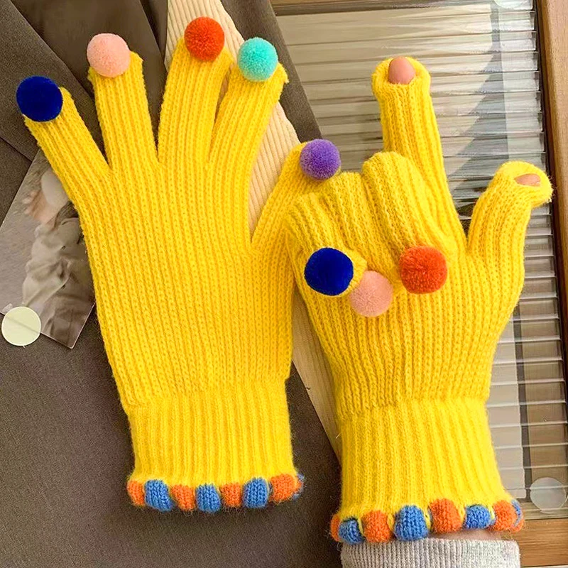 

1 пара вязаных шерстяных перчаток с пятью пальцами для сенсорного экрана красочные плюшевые зимние плотные теплые ветрозащитные женские модные милые