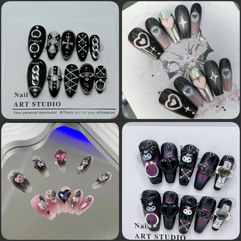 

Sanrio Kuromi Handwork Customize Y2K Black Long Fales Nails 3D Diamond Metal Sweet Cool Fales Nails America French Fashion Nails