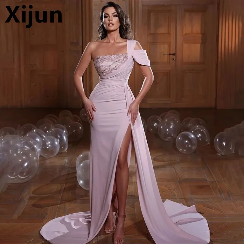 

Женское платье с юбкой-годе, розовое платье для выпускного вечера с высоким разрезом сбоку, плиссированное вечернее платье на одно плечо, пл...