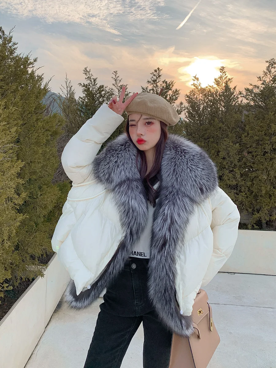 

LAVELACHE 2023 Winter Real Fur Collar Long White Duck Down Jacket Women Real Fur Coat Oversized Fox Fur Collar Thick Warm New