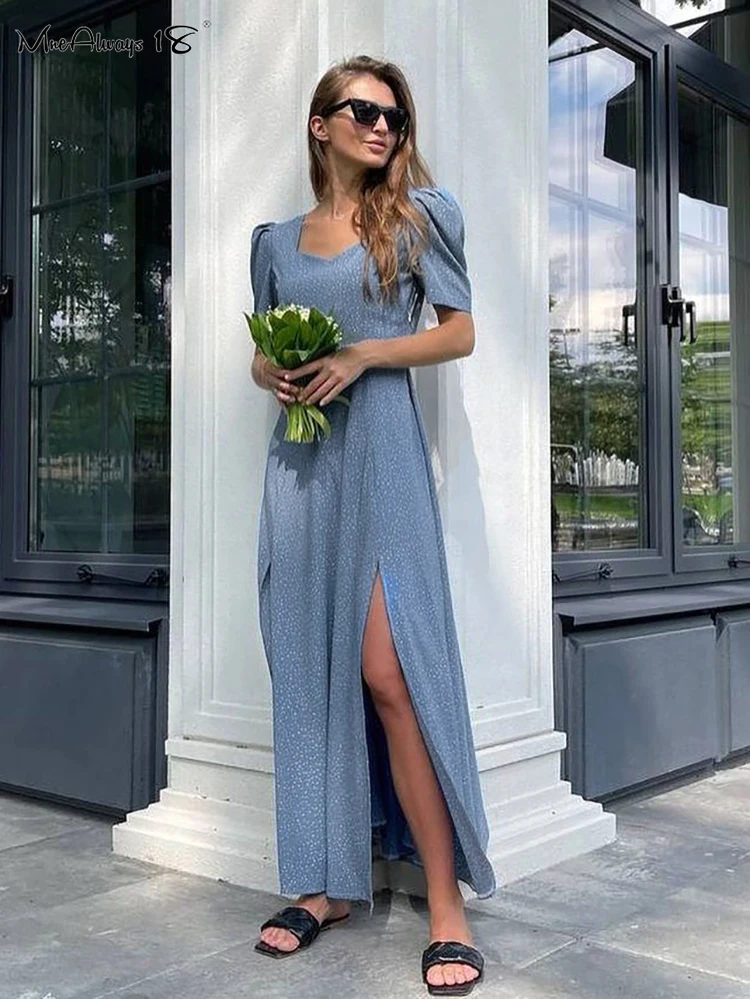 

Mnealways18 Polka Dot Elegant Long Dress Women Puff Sleeves Split Blue Print Dress 2022 Classy Evening A-Line Dress Ankle-Length