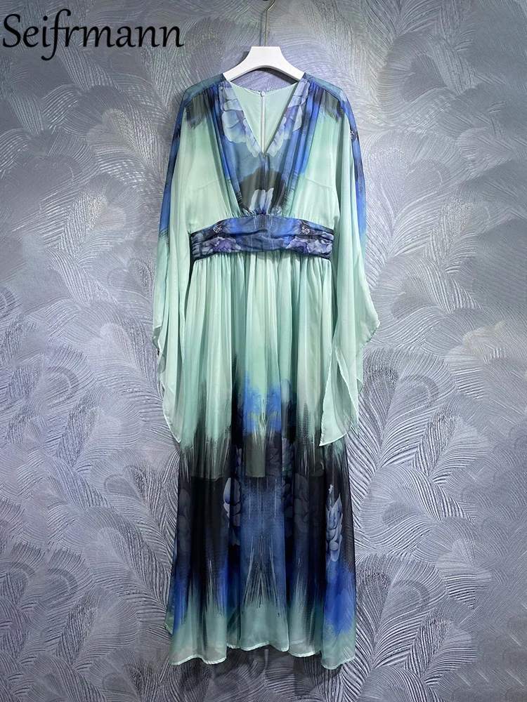 Seifrmann High Quality Summer Women Fashion Designer Maxi Dress Batwing Long Sleeve High Waist Colorblock Printed Loose Dresses