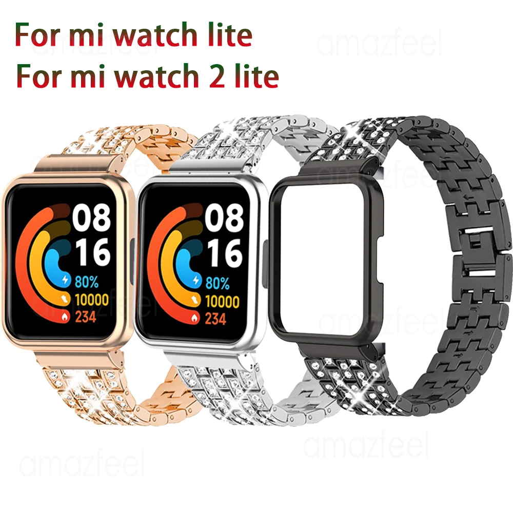 For Xiaomi Mi Watch 2 Lite Diamond Strap +Case Protector Belt Metal Bracelet For Redmi Watch Lite 2 stainless steel Wrist Band