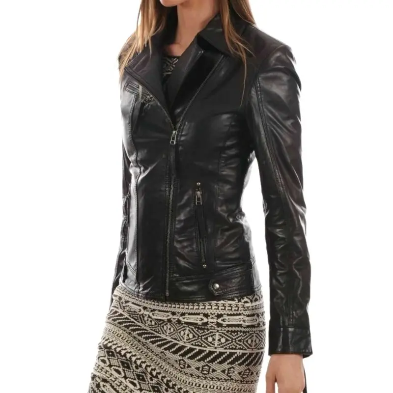 Women Leather Jacket Black Casual Jacket Genuine Slim Lambskin Zipper Top Jacket