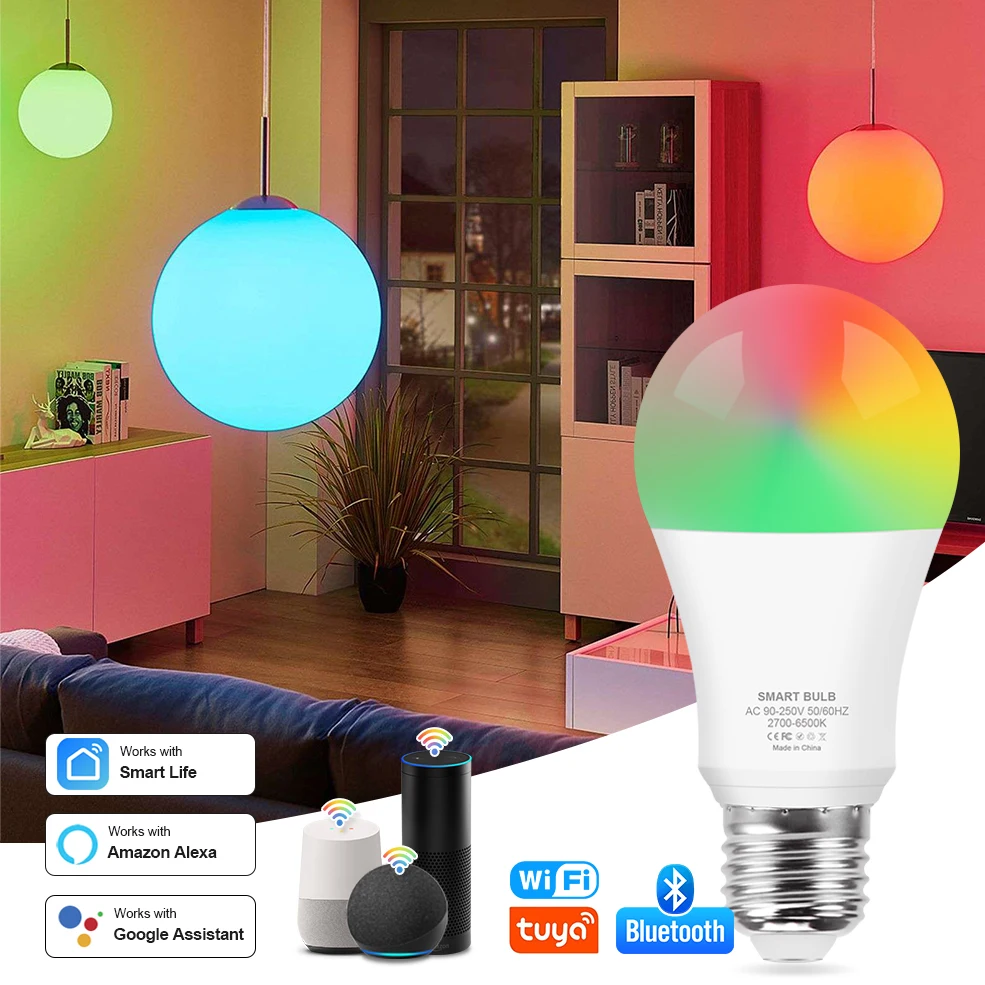 

Умсветильник Bluetooth-лампа с Wi-Fi, 15 Вт, E27, светодиодная лампа RGB, работает с Alexa/Google Home, 85-265 в, белый, теплый белый свет, волшебная лампа с регулиру...