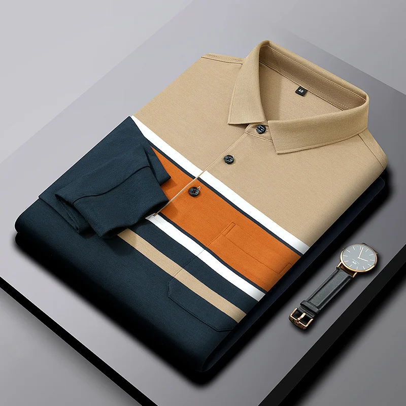 

grade High contrast stripe long sleeve polo shirt men's spring and autumn loose men's Lapel luxury t-shirt men's Fashion Top