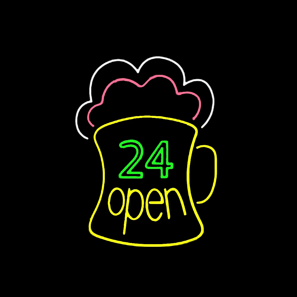 

24 Hours OPEN Beer Mug Custom Handmade Real Glass Tube Bar KTV Store Home Motel Advertise Decor Display Neon Sign Light 14"X17"