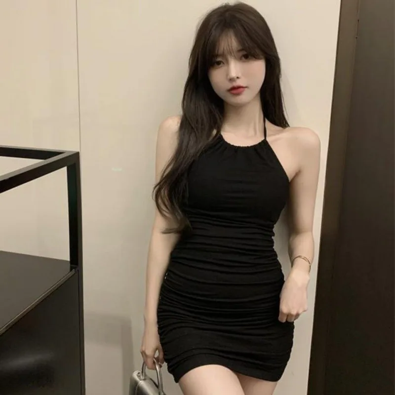

2023 Summer New Women's Pure Lust Style Waist Slim Hanging Neck Short Dress Solid Color Sexy Wrap Hip Dress
