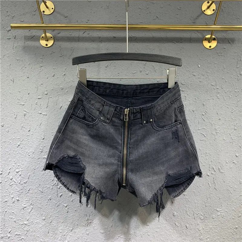 2022 spring new high waist denim shorts women's pocket black zipper hot pants jeans beggar pants jeans  Shorts