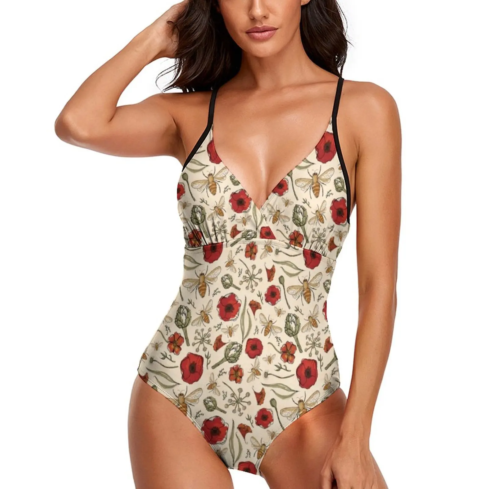 

Bumble Bees Swimsuit Red Flower Print Push Up Swimwear One Piece Cut Out Bathing Suits Retro Swimsuits Beach Outfits Large Size
