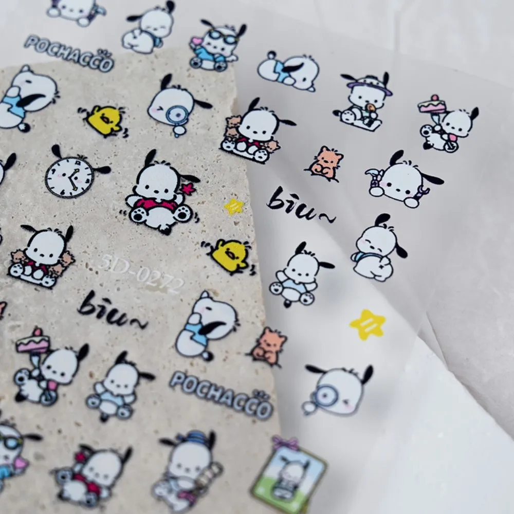 5D Cute Sanrio Pochacco Nail Stickers Embossed Relief Kuromi Kitty Cat Decals Kawaii Cartoon Dog Manicure Sliders