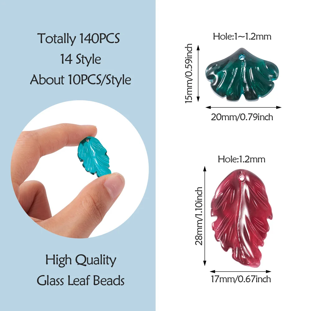 140pcs Ginkgo Leaf Glass Charms Gold Foil Lampwork Leaves Beads Pendant for DIY Earring Necklace Jewelry Craft Making Findings