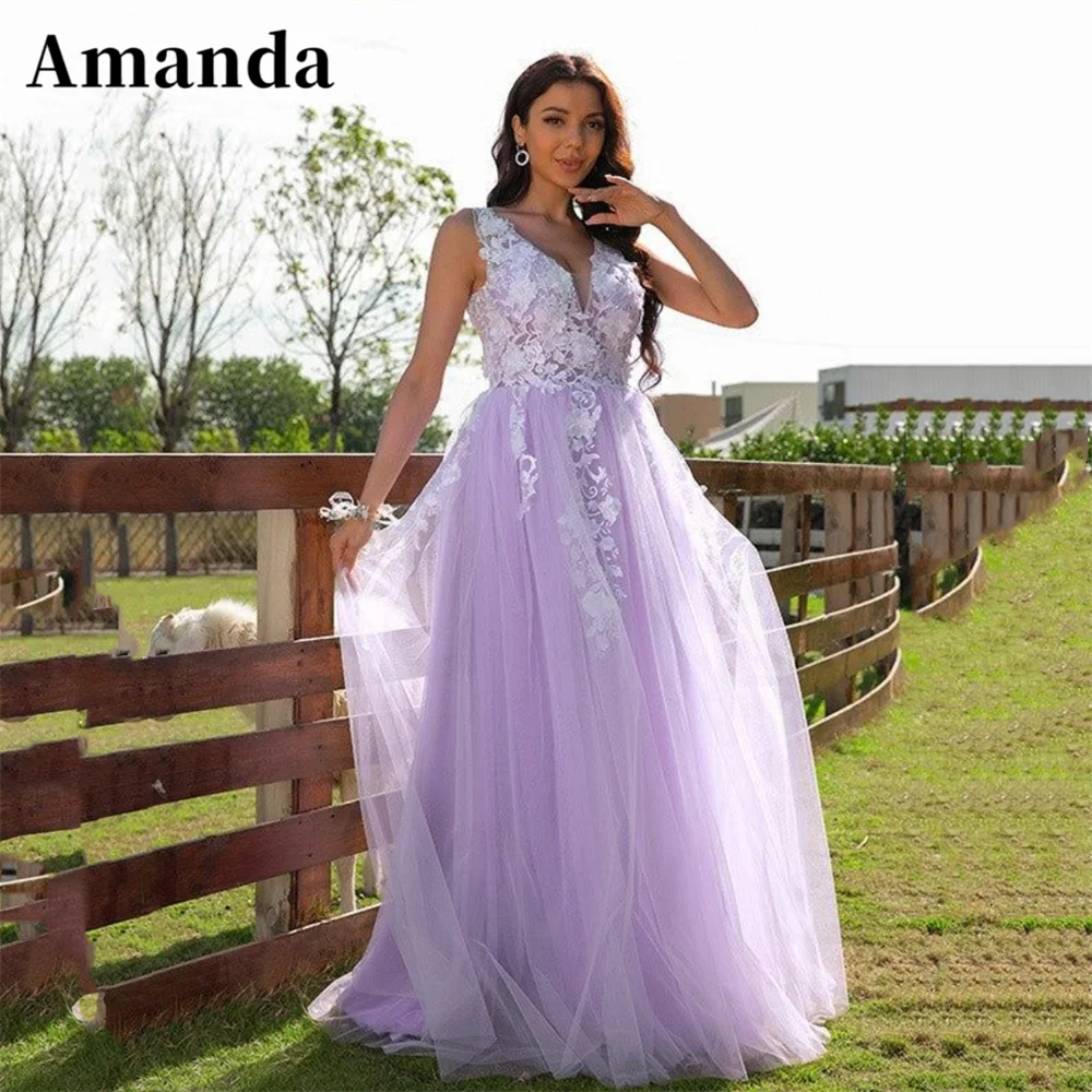 

Amanda Lavender فساتين مناسبة رسمية Princess Flower Embroid V-neck Vestidos De Noche Sweet Tulle Floor Lenght Prom Dress 2023