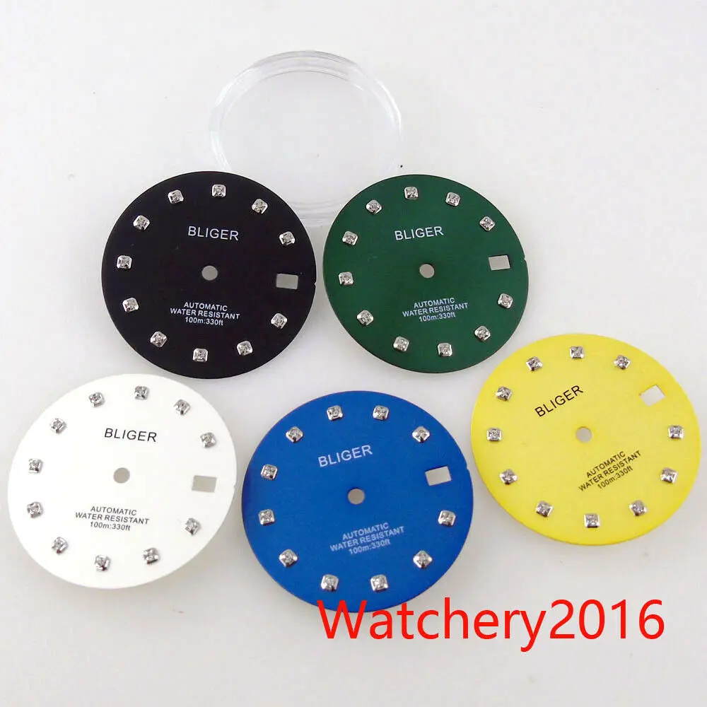 

29mm Bliger Logo Watch Black Green Yellow Sterile Dial Hand Luminous Fit NH35 Movement Model Date Window