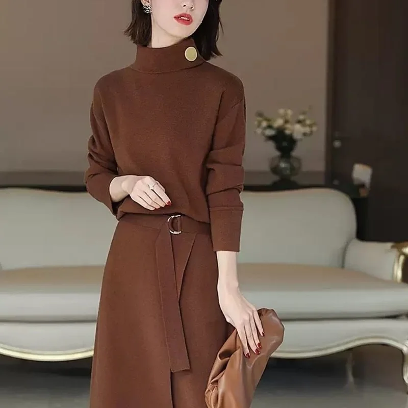 Sets Women's Knit Sweater Pullover Dess Spring Autumn Style Wears Versatile Autumn and Winter with Two Pieces of Dress Female