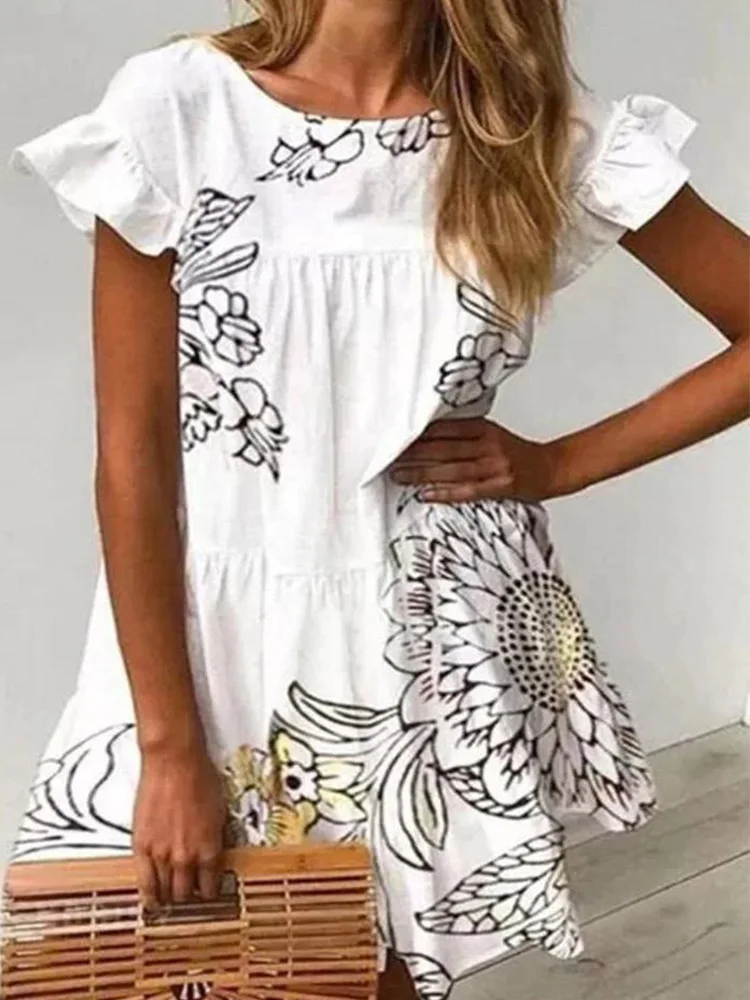 

Женское платье-трапеция с цветочным принтом, повседневное офисное платье с круглым вырезом, коротким рукавом и оборками, мини-платье на каж...