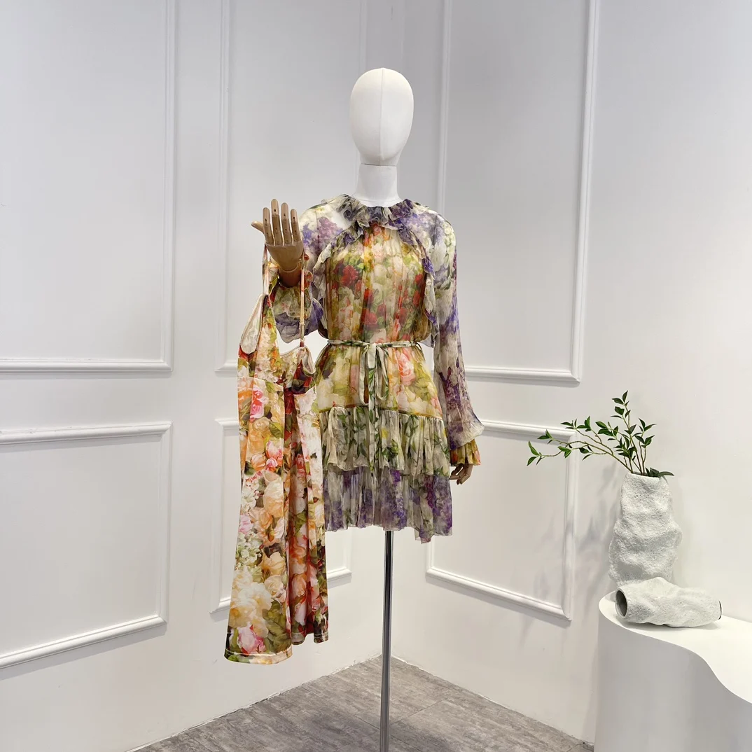 

Женское мини-платье с рукавом реглан, асимметричное платье из натурального шелка с цветочным принтом и каскадными оборками, весна-осень 2023