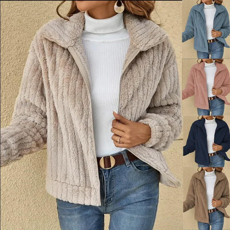 

Women Winter Jacket Fashion Warm Teddy Coat Ladies Fuzzy Long Sleeve Overcoats Female Faux Fur Loose Zip Up Outerwear