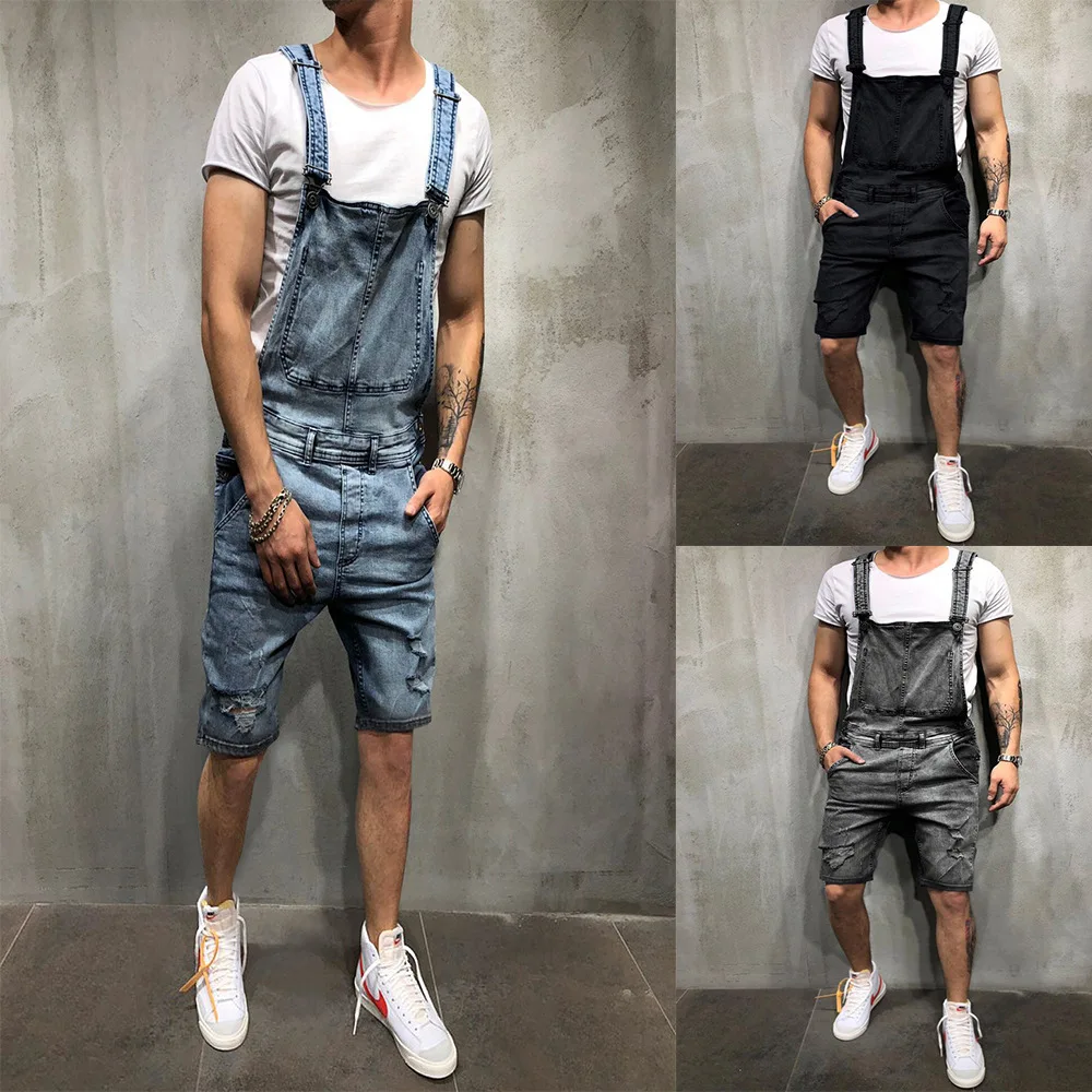 Men's Suspender Denim Jumpsuit Fashionable Holes Jeans Shorts Popular Overalls Knee Length Bibs Cargo Pants