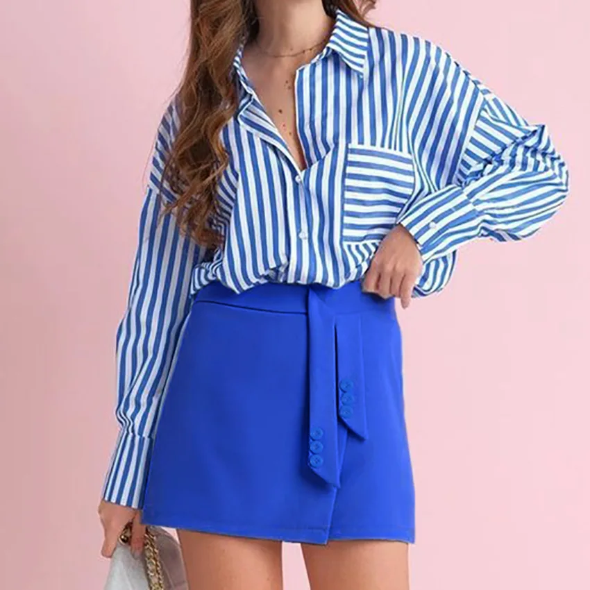 Summer New Klein Blue Shorts Casual Skirt Button High Waist Commuter Short Pants Women