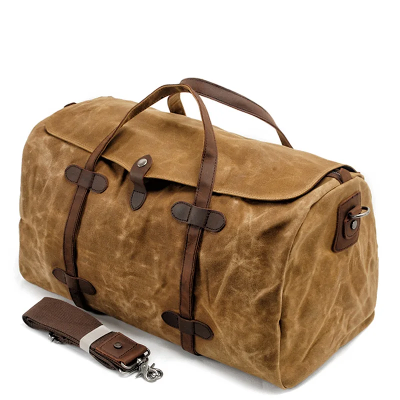 Retro waxed canvas stitching leather travel luggage bag large capacity weekend bag messenger bag men's hand luggage bag