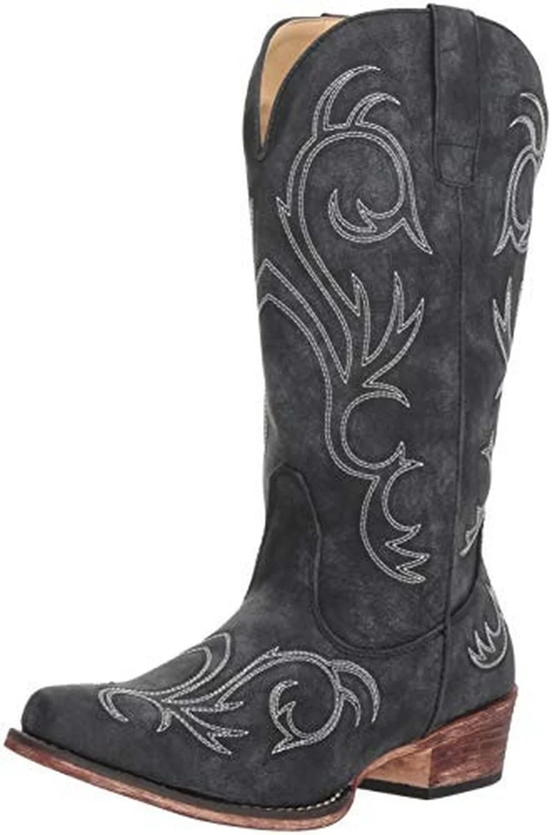 DAFENP Women's Round Toe Boots Mid Calf - Fashion Western Cowboy Boot Footwear