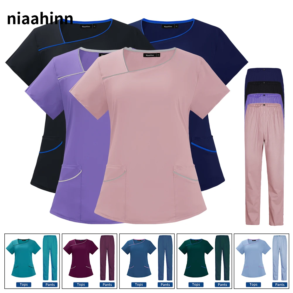 

Solid Medical Uniform Scrubs Tops+pants Women Medical Uniforms Nursing Scrubs V-neck Dental Clinic Uniform Scrubs Set for Women