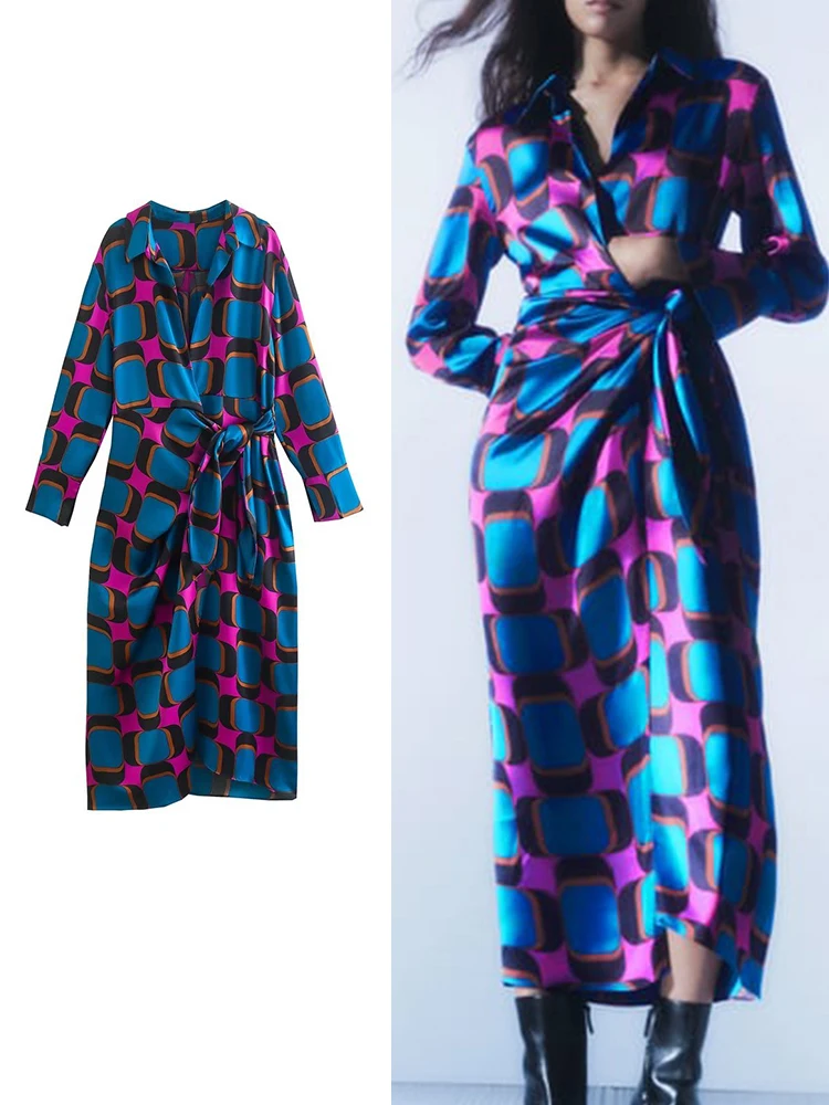 

TRAF 2022 New Spring Autumn Elegant Women Wrap Print Dresses Fashion Bow Mid-Calf DressTurn Down Collar Long Sleeve Vestidos