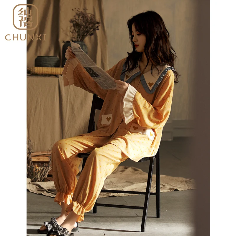 Пижамы женские весенне-осенние из чистого хлопка с длинными рукавами 2024 новая