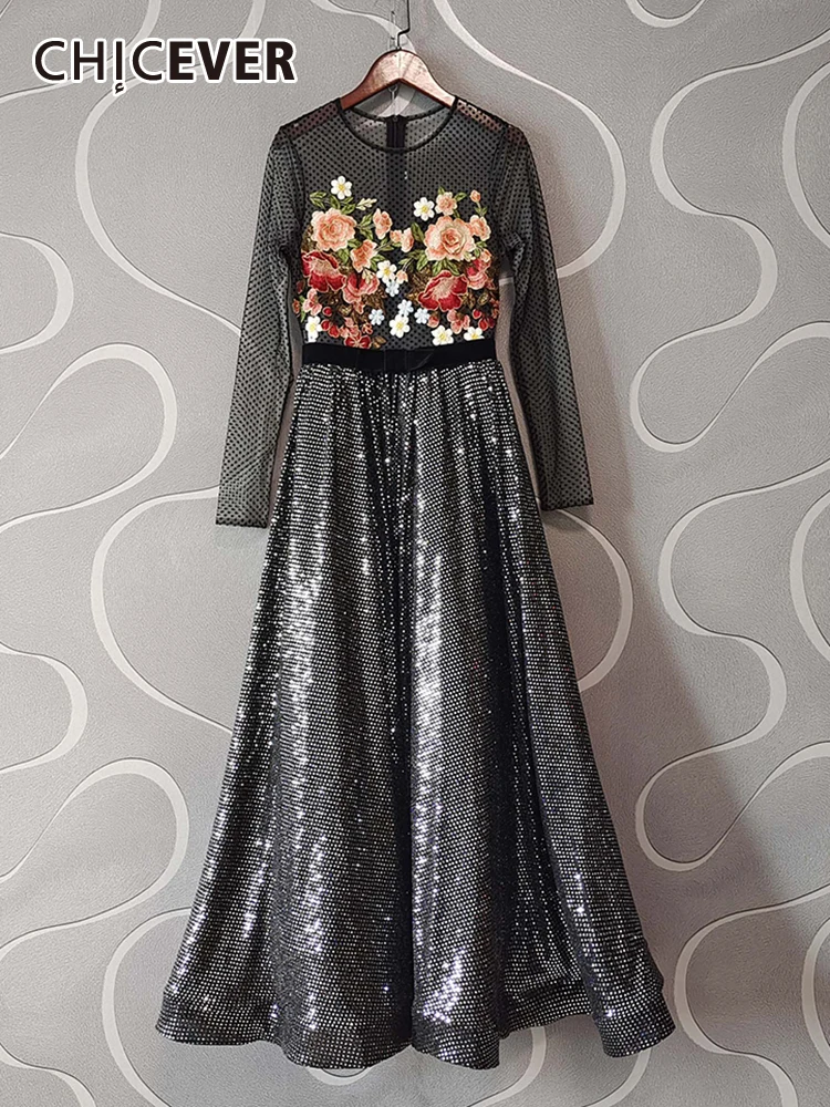 

CHICEVER Туника Формальные платья для женщин Круглый вырез длинный рукав высокая Талия Лоскутная Вышивка складки хит разноцветное платье женский новый