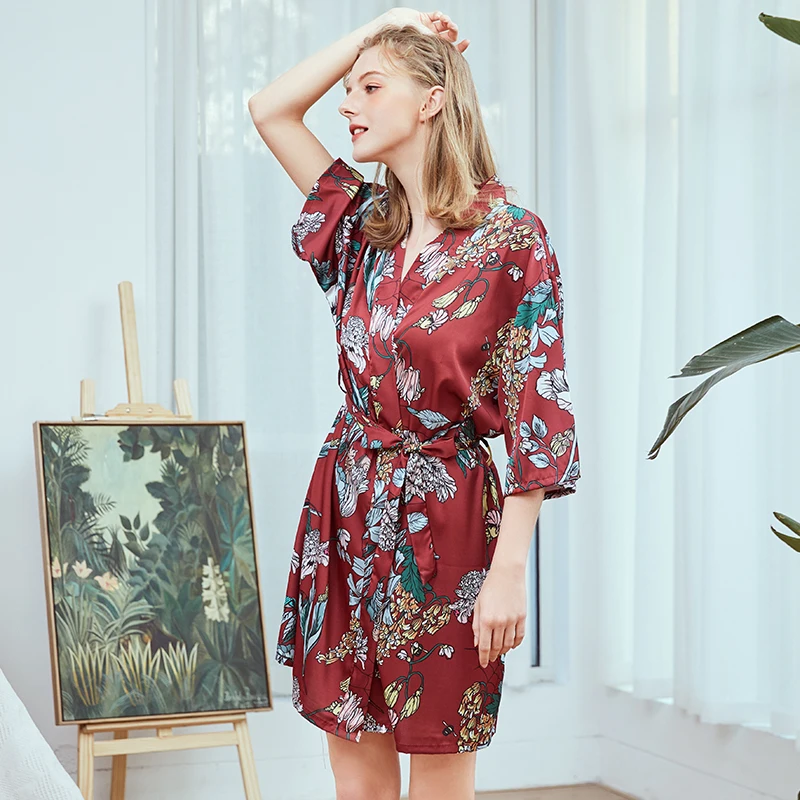 Roseheart  Fashion Green Sexy Women Robe Lingerie Sleepwear Faux Silk Printed Nightgown Plus Size Bathrobe Woven Pajama