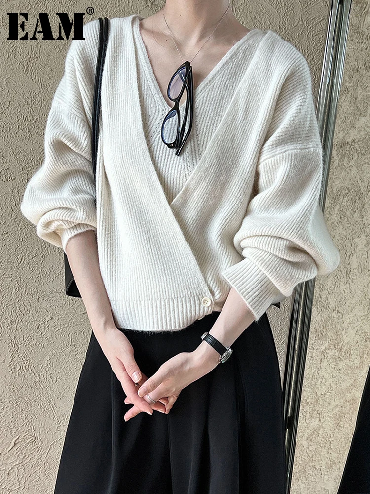 [EAM] Абрикосовый нерегулярный элегантный вязаный кардиган свитер с v-образным
