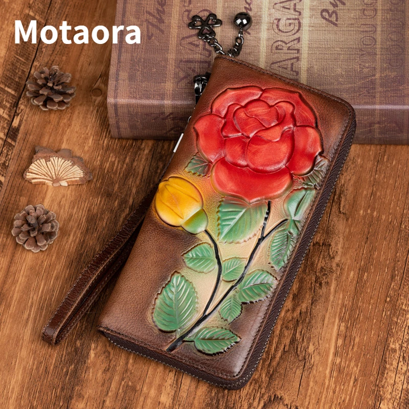 

MOTAORA Vintage Women Wallets Card Holder For Female Genuine Leather Long Zipper Hand Bag Rose Embossed Cowhide Phone Purse New