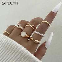 sindlan 7pcs boho pearl gold rings for women kpop cute flower cross geometric set y2k female vintage jewelry open anillos mujer