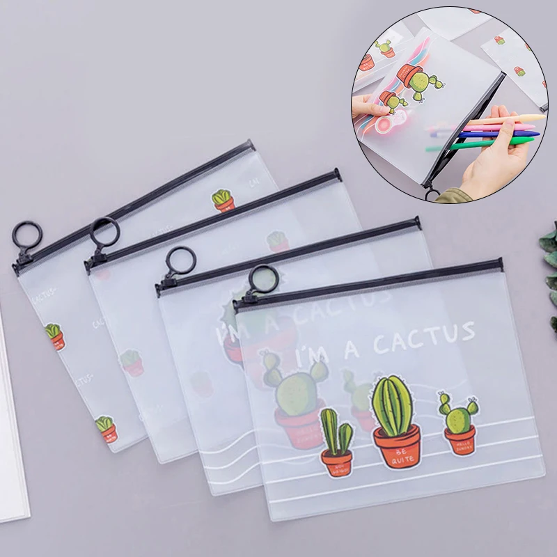 

Pencil Pouch Cosmetic Storage Bag Pencil Case Travel Bag Waterproof Zipper Cute Cartoon Cactus Print Clear Portable Makeup Bag