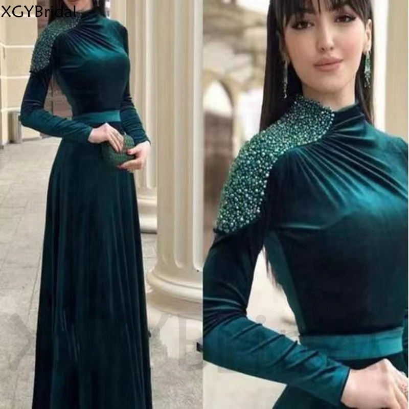 

New Arrival Velvet Green Long sleeve Evening dresses 2022 Pearls Beaded Sexy Evening gowns Robe de soirée femme