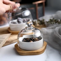 ceramic dessert bowl snack dish taste fruit salad ice cream pudding cup with bamboo tray glass cover creative tableware