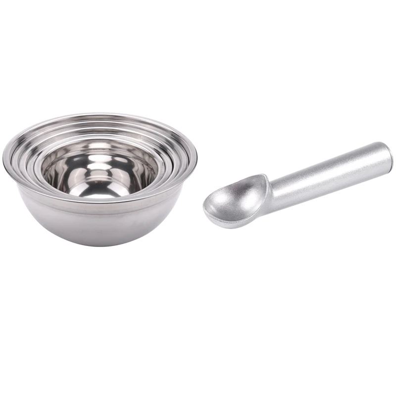 

Hot-1Pcs Aluminum Ice Cream Scoop Non-Stick Anti-Freeze Spoon Dipper & 5X Stainless Steel Salad Bowl With Lid