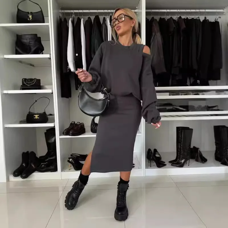 Новое платье со свитшотом комплекты из двух предметов женская мода однотонный