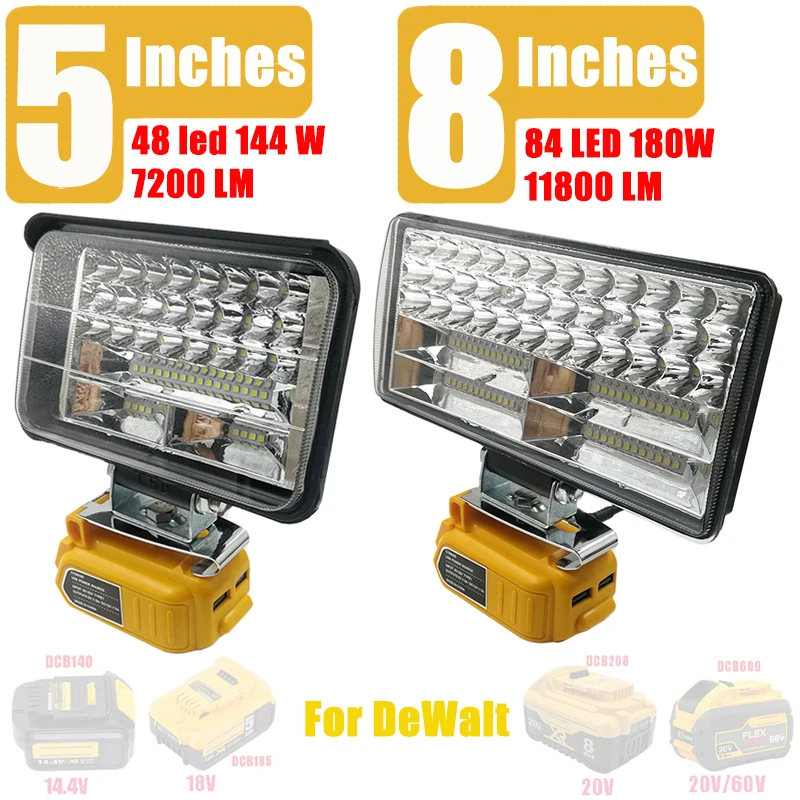 

LED Work Light 60W 5A With USB Charger For DeWalt Lithium Battery 20V 18V 12V 5 Inches/ 8 Inches Overcurrent Protection Light