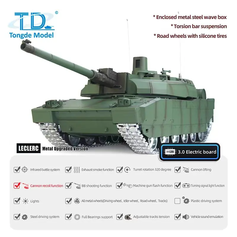 Фото TD H2408 RC Tank 1/16 Военный боевой танк Leclerc Металлическое ведущее колесо Дорожное колесо Коробка передач Инфракрасный BB Бочка Отдыхательный дымовой блок №3