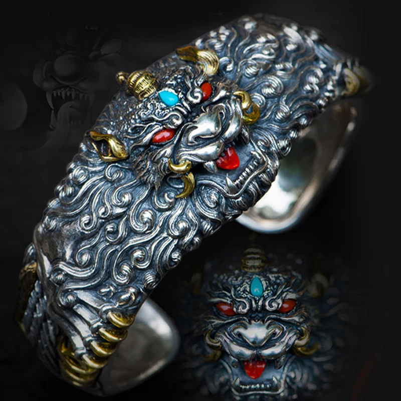 

Новый оригинальный дизайн серебряный мужской браслет ручной работы открывающийся резной в китайском стиле ретро креативный тренд властит...
