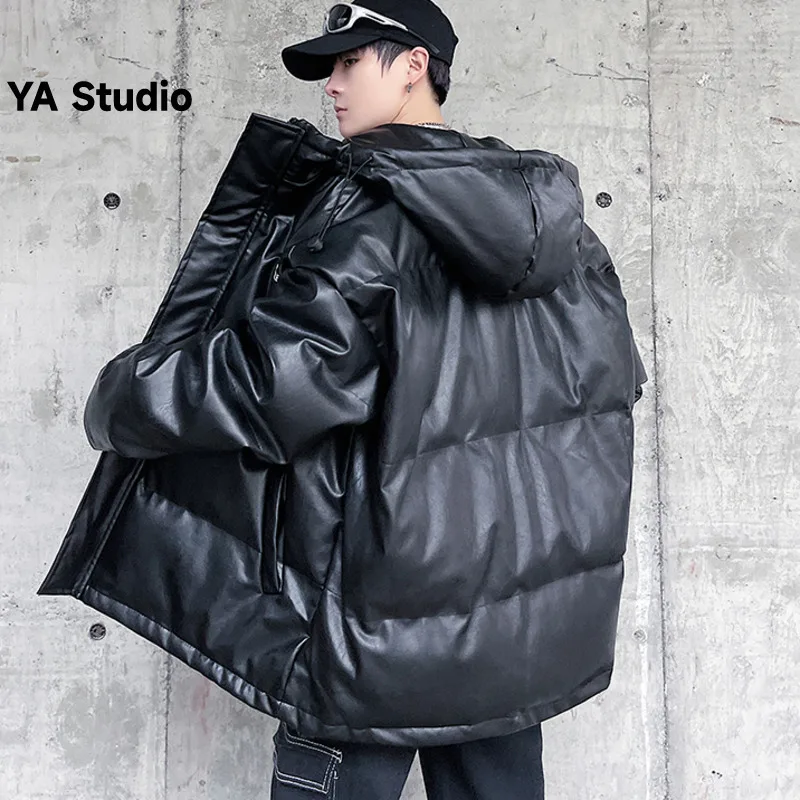

[YA Studio] 2023 Winter Hooded Loose Thick Pu Leather Cotton-padded Coat Male Large Size Cotton-padded Jacket Coat Tide