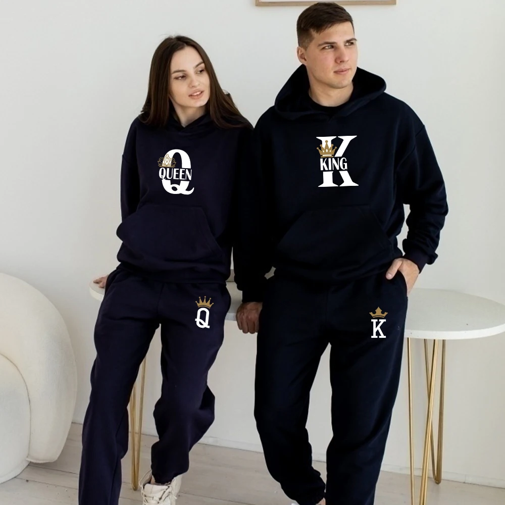 

Lovers Couple KING QUEEN Print Hoodie Suits 2 Piece Hoodie and Pants Men Women Hoodie Set Tops Classic Fashion Sportwear Outfit