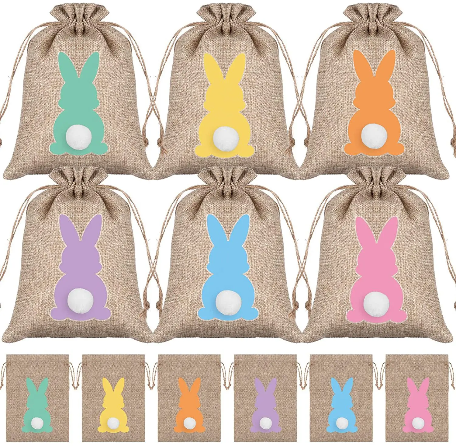 6pcs Spring Easter Lovely Bunny Plush Candy Egg Storage Bag Linen Cookie Packing Bags Rabbit Pouch Happy Birthday Party Favor