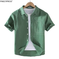 100 linen anti pilling quality man summer breathable plain short sleeve male fashion embroidery men casual shirts