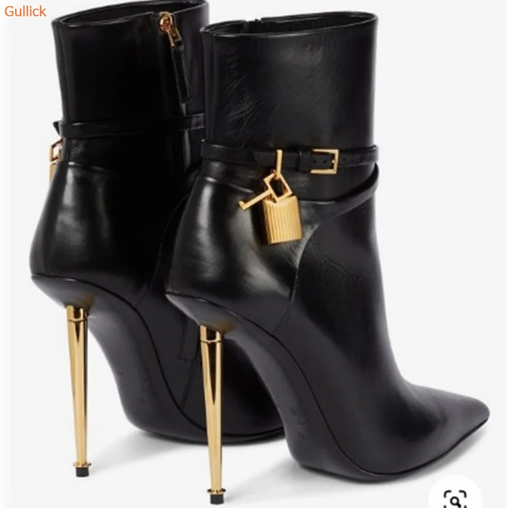 Solid Color Pointed Toe Ankle Boots Gold Lock Metal Heel Stiletto Heel 10CM Women Patent Leather Suede Short Boots 44 SIZE