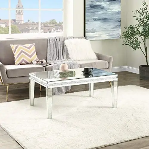 

Table Mirrored with Crystal Inlay Surface, Rectangle Silver Accent Table, Modern Design Luxury Contemporary , Partially Assemble