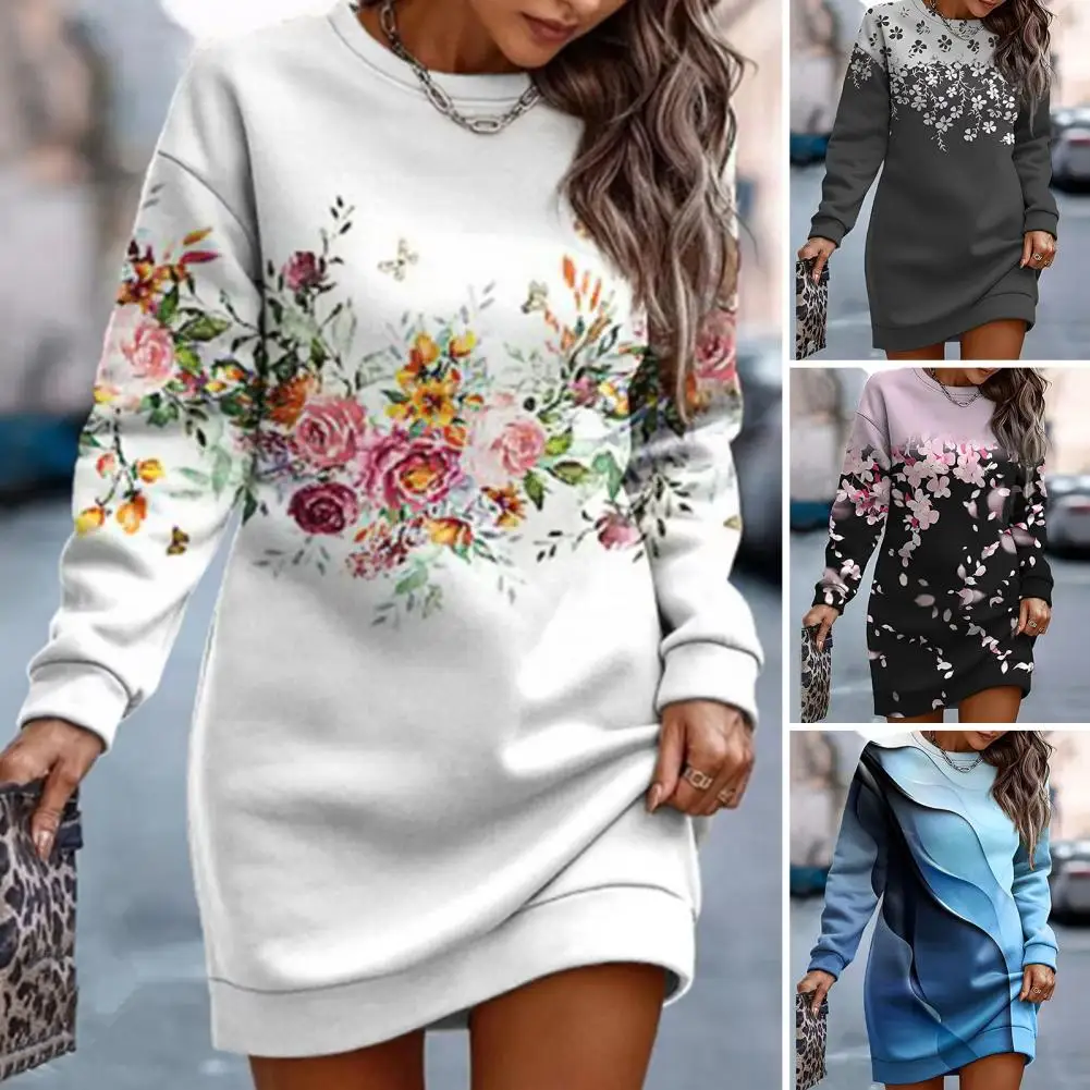

Lady Winter Sweatshirt Dress Flower Print Sweartshirt Dress Cozy Stylish Versatile Women's Winter Wardrobe Essential Long Sleeve